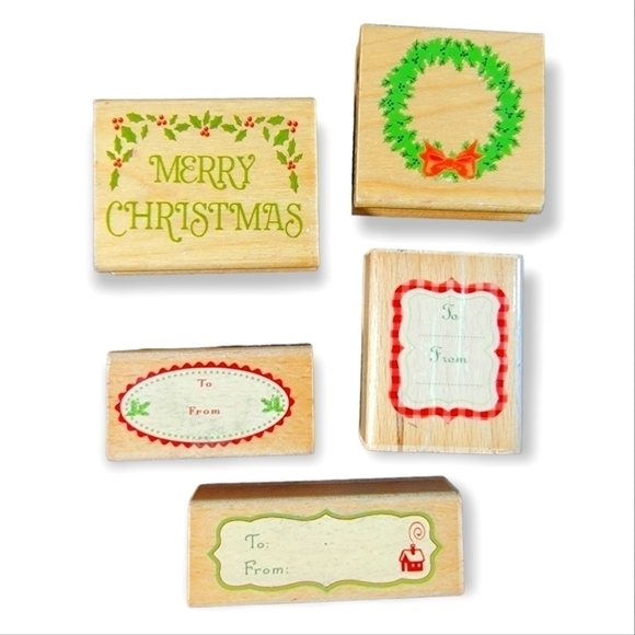 Lot of 5 wooden block rubber stamps for  Christmas gift wrap crafting - Picture 1 of 10